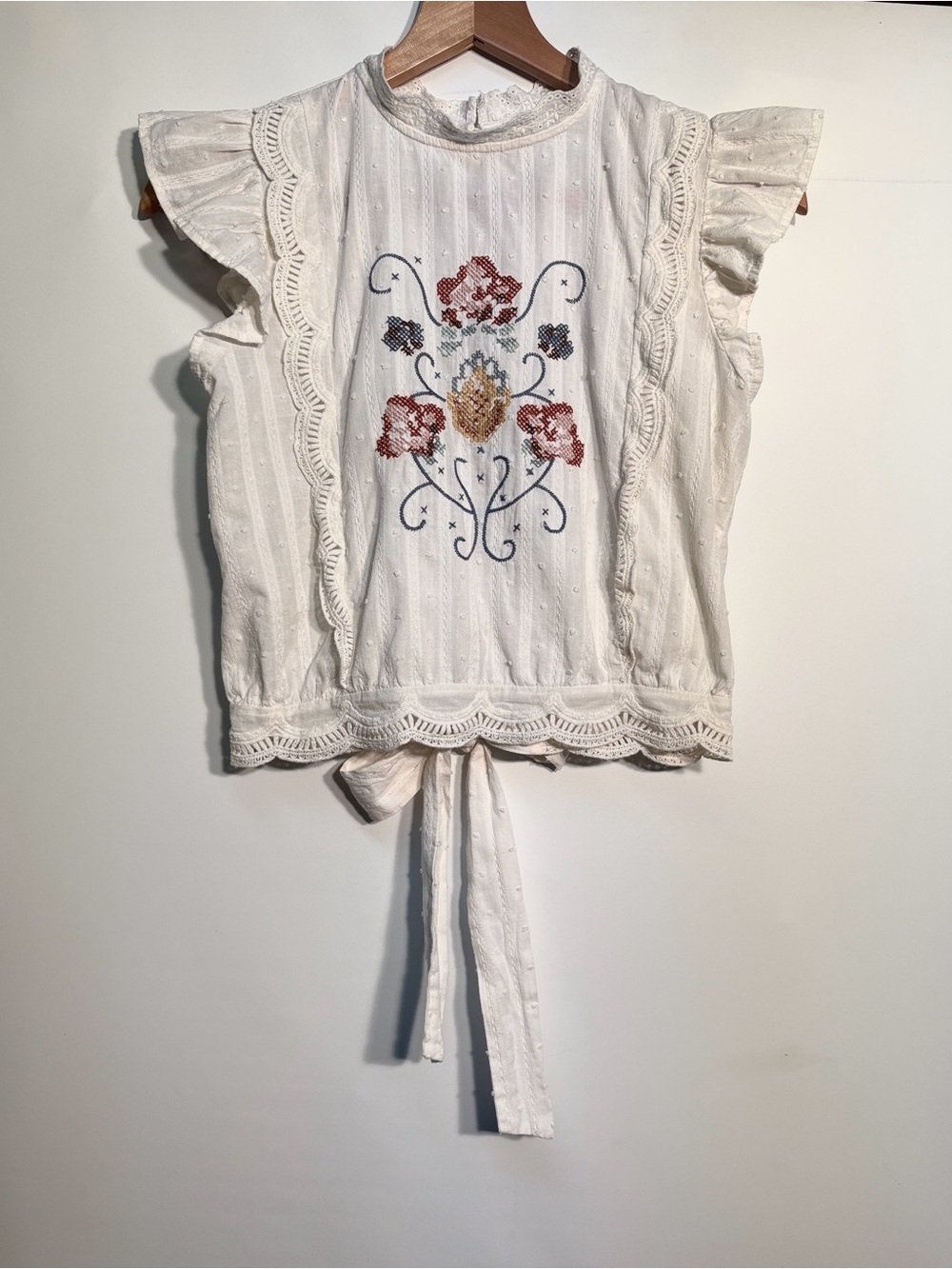 mine Ivory Cross Stitched Ruffle Tie-Back Blouse